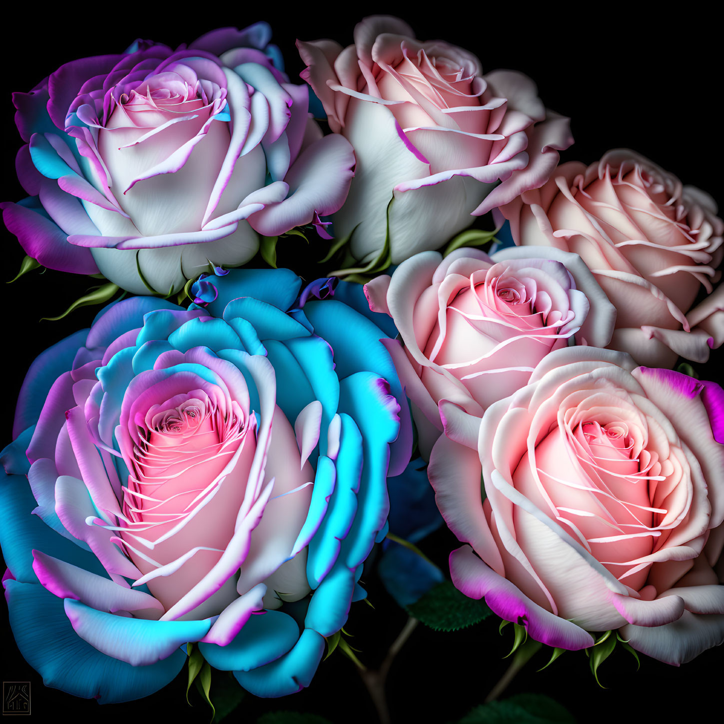 Vibrant multi-colored roses in pink and turquoise hues under soft lighting