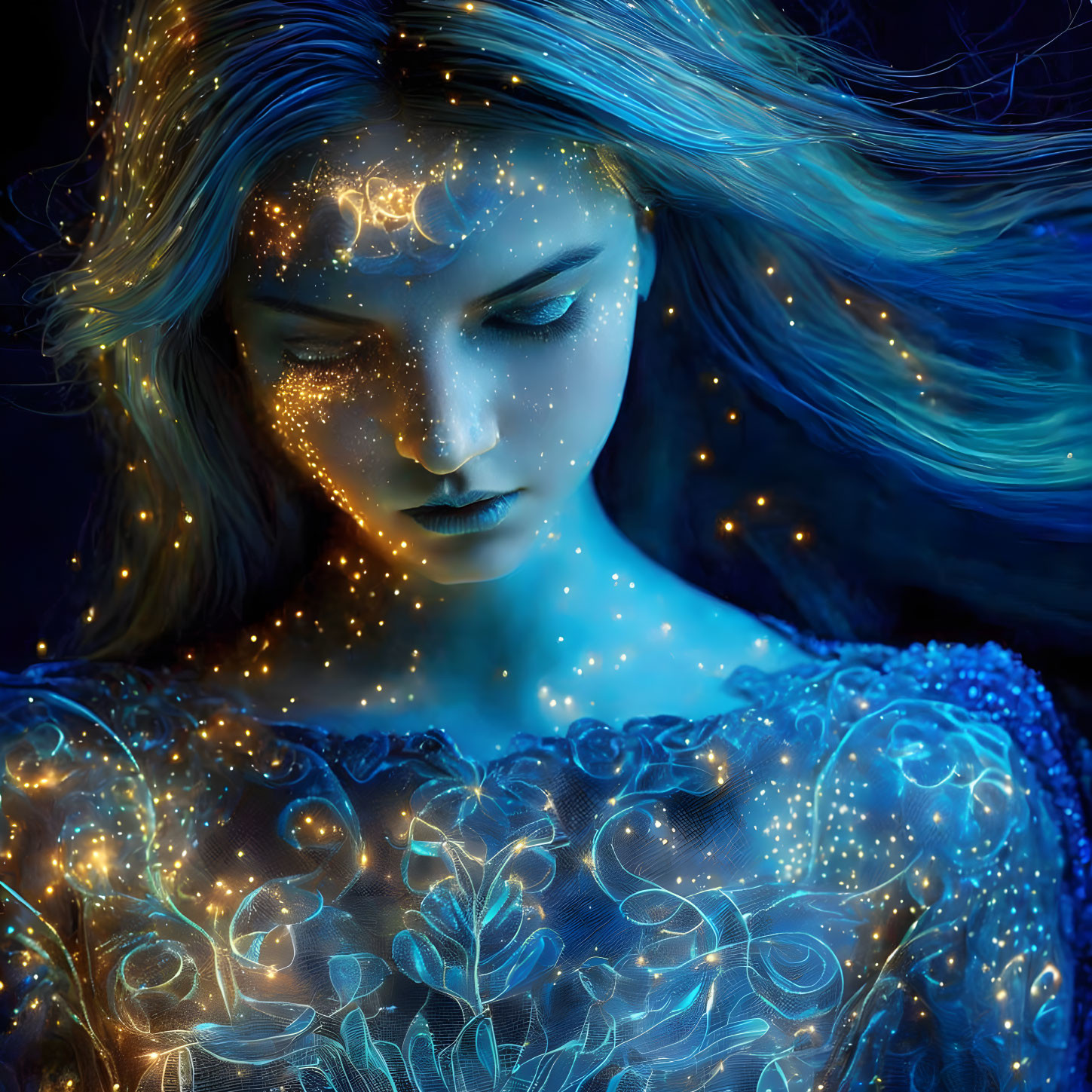 Fantasy portrait of woman with glowing skin and luminous blue dress