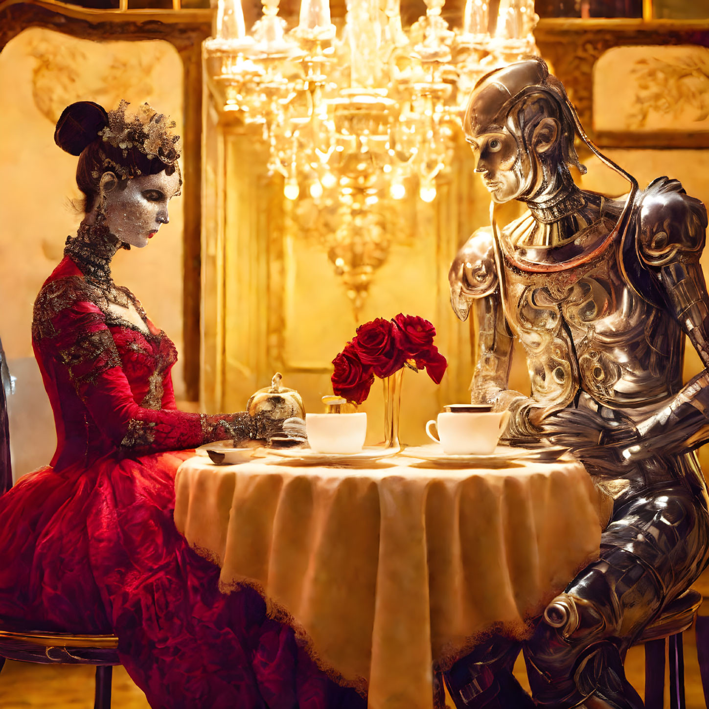 Woman in Red Dress with Humanoid Robot Having Tea in Opulent Room