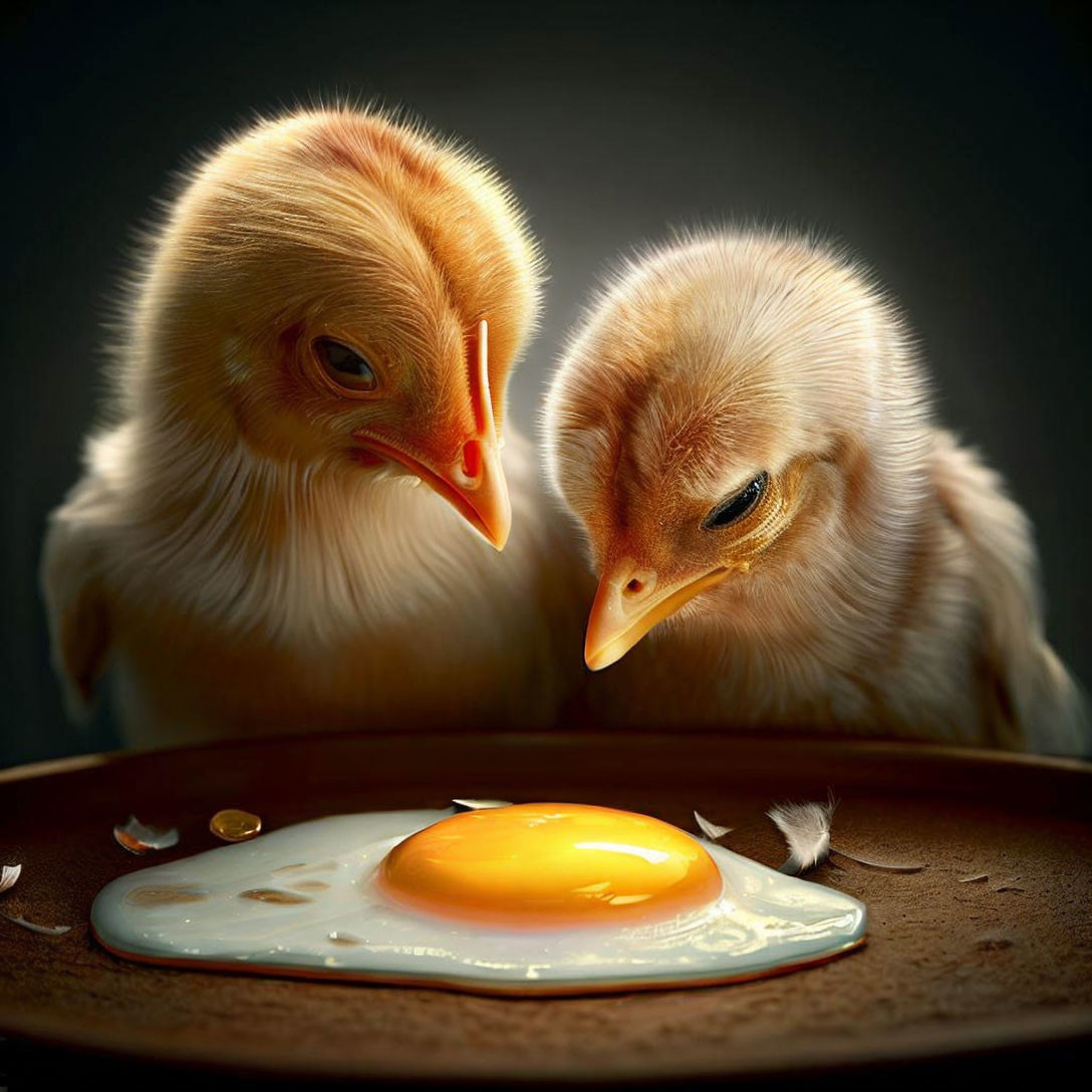 Curious chicks observe fried egg on plate against dark backdrop