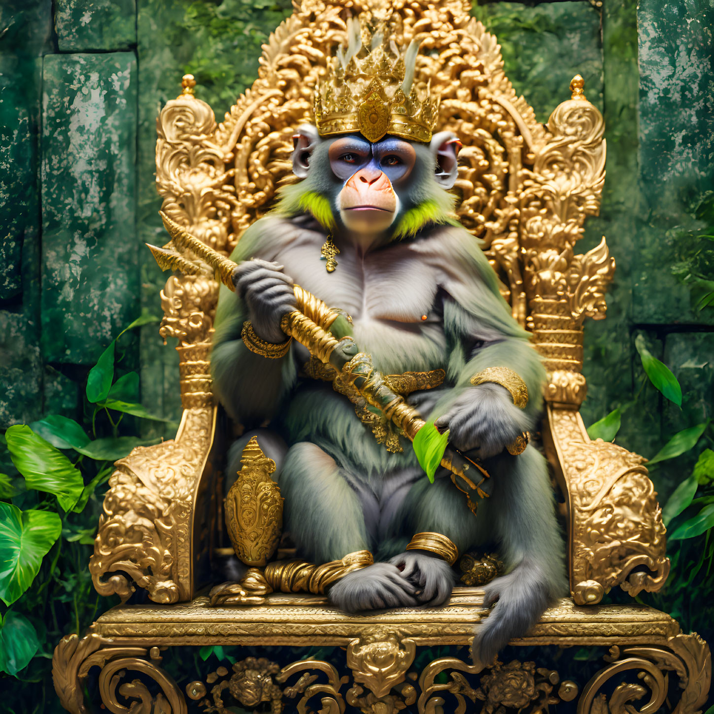 Regal baboon in golden throne amidst lush greenery