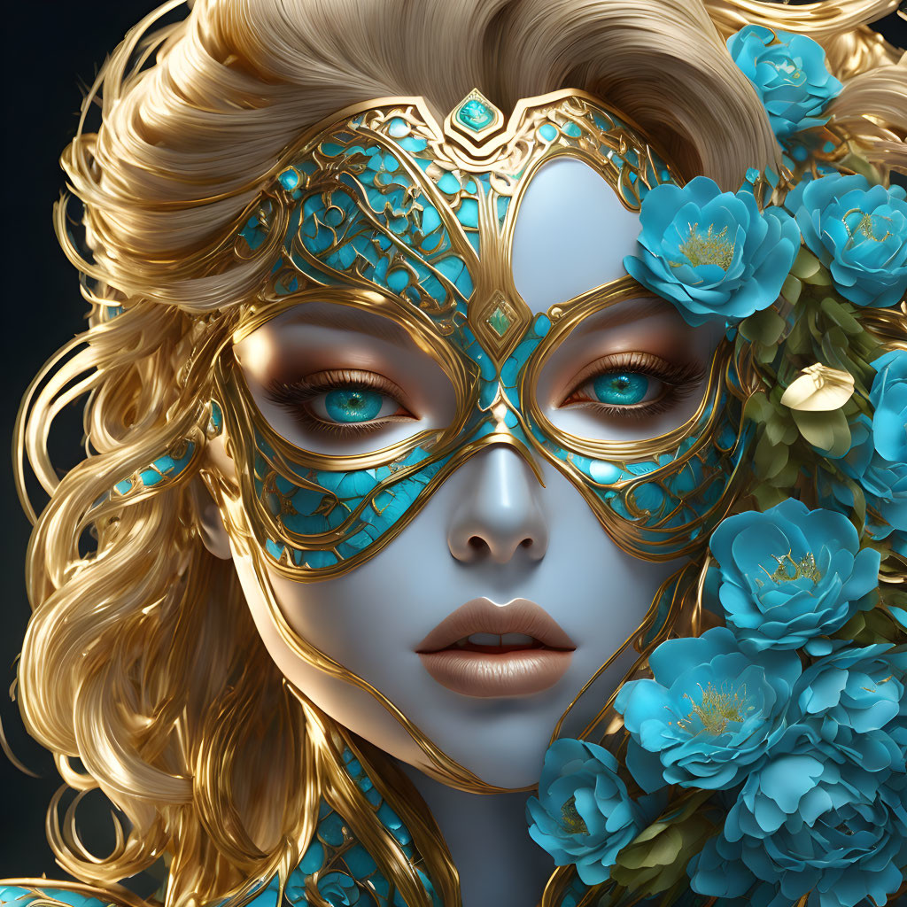 Digital artwork: Female character with golden masquerade mask, teal flower accents, detailed golden hair,