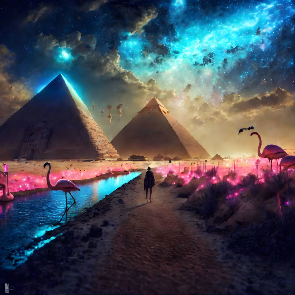 Person walking near pyramids by pink river with flamingos under night sky and cosmic nebula