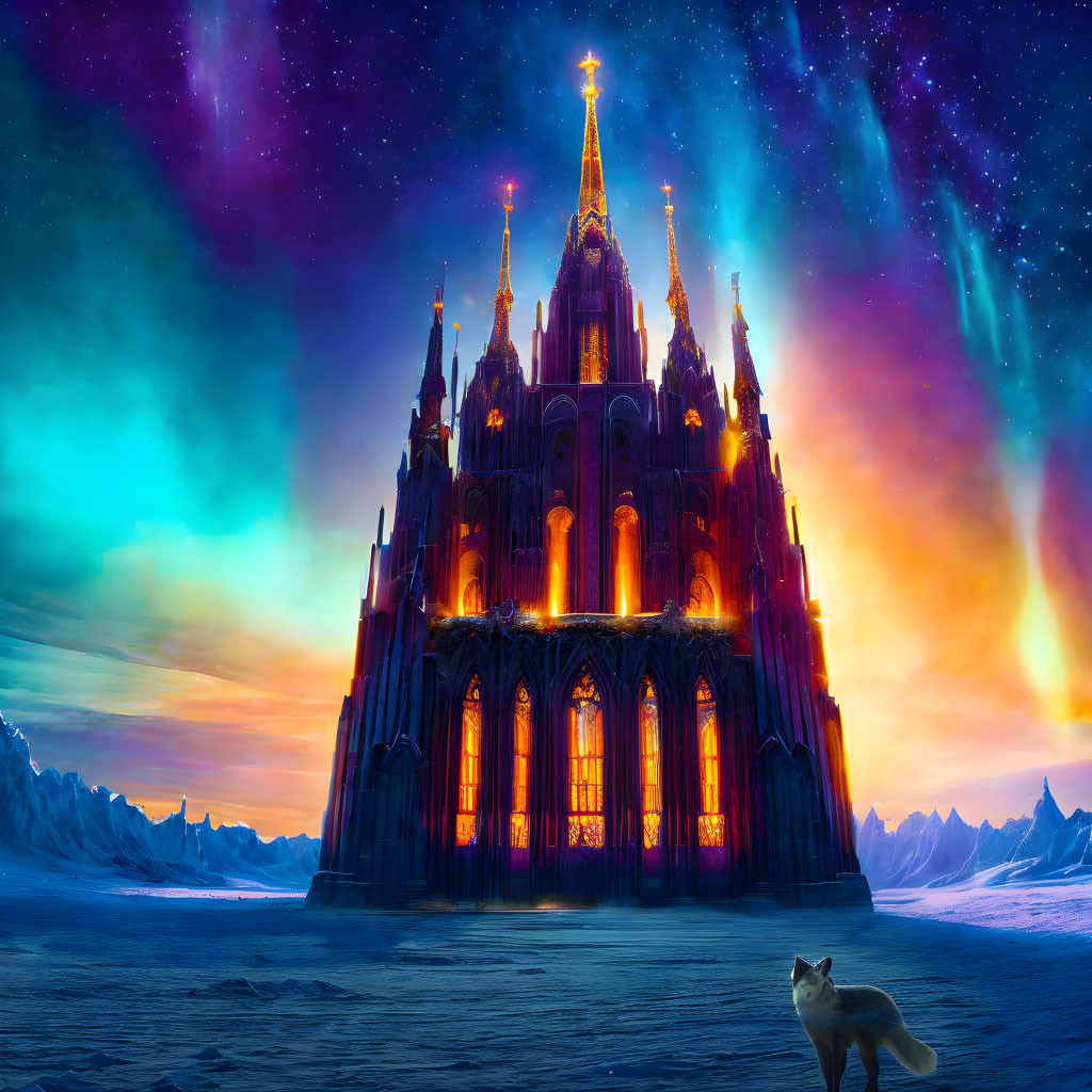 Majestic fantasy castle under aurora-lit sky with lone wolf