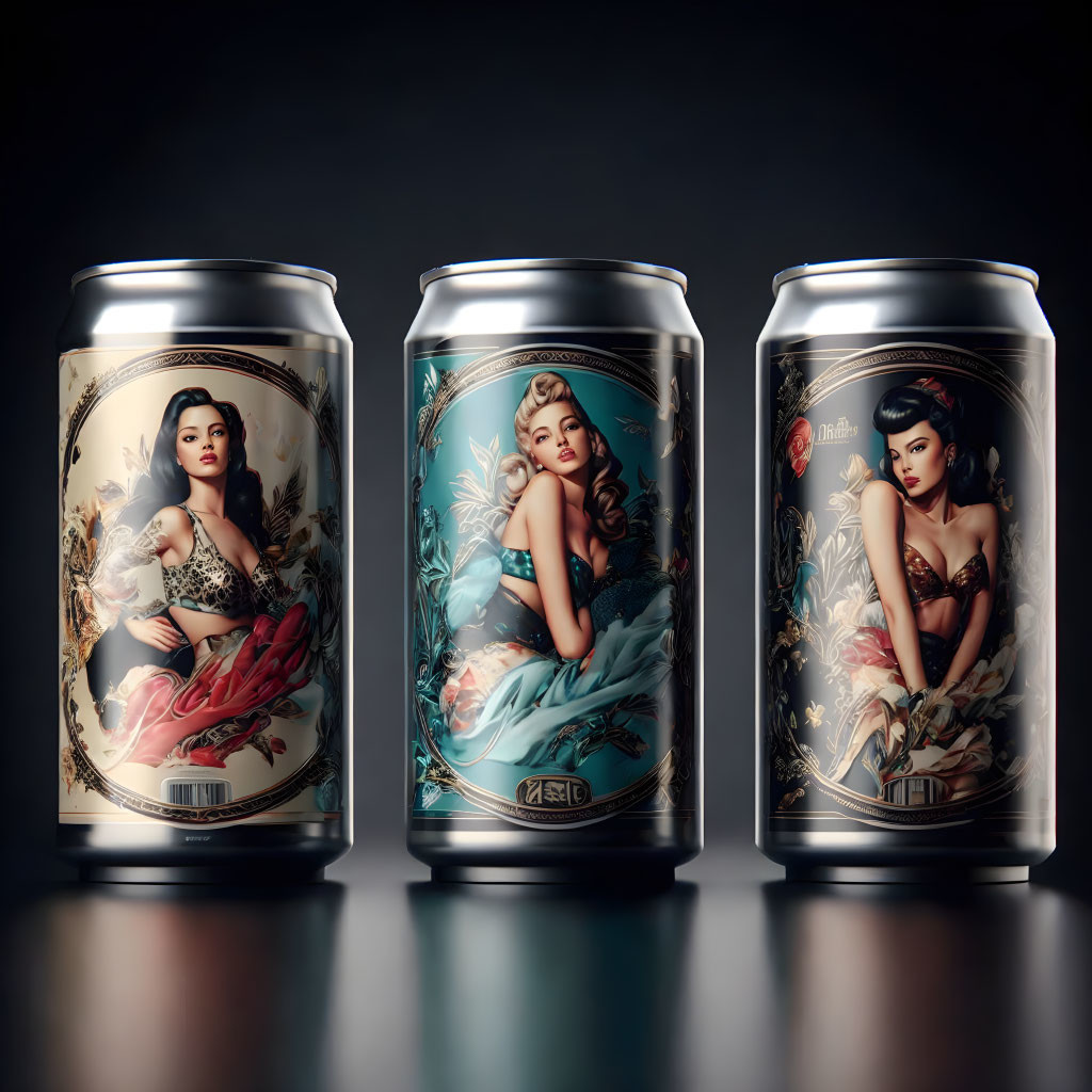 Ornate women-themed illustrated beverage cans on dark background