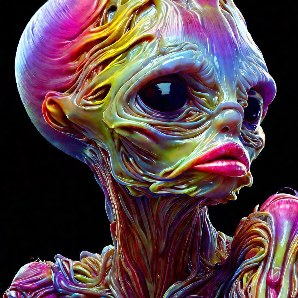 Vibrant alien with large eye and textured, paint-like skin