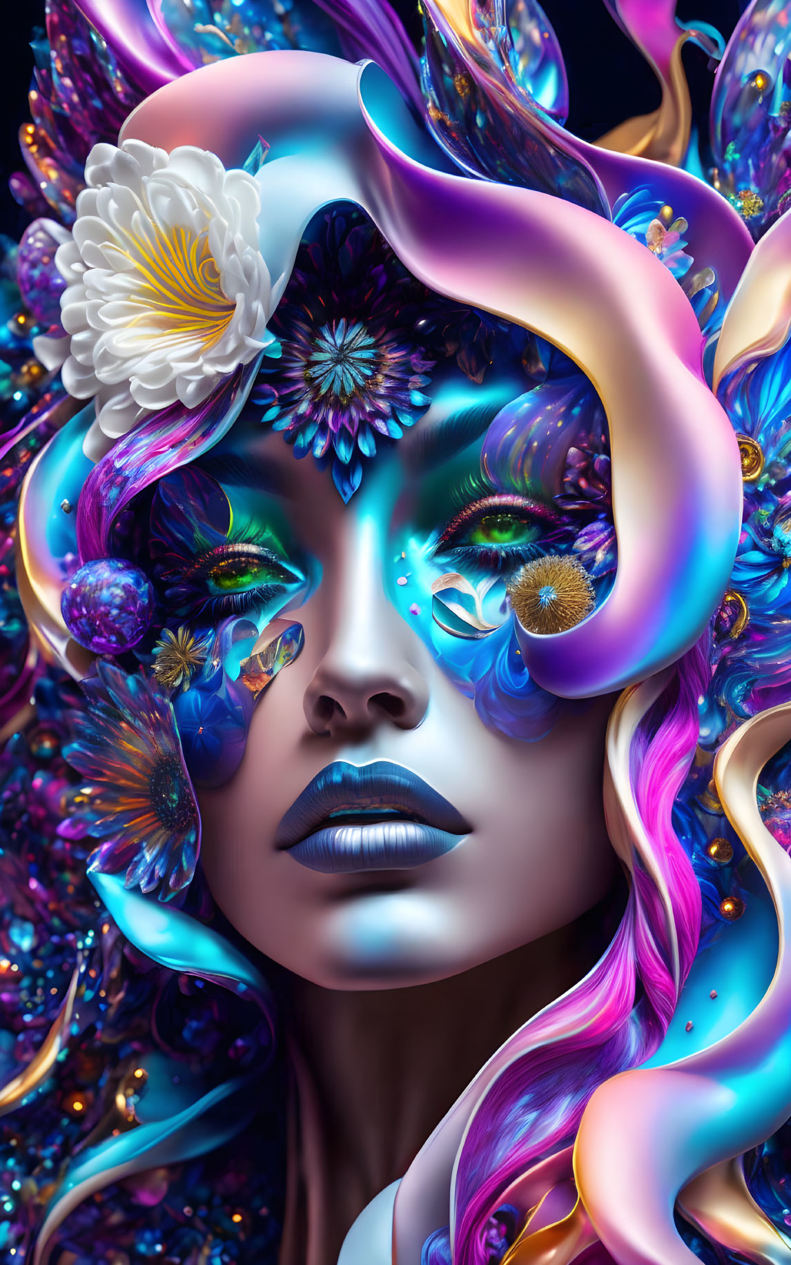 Colorful digital portrait of a woman with floral and abstract patterns