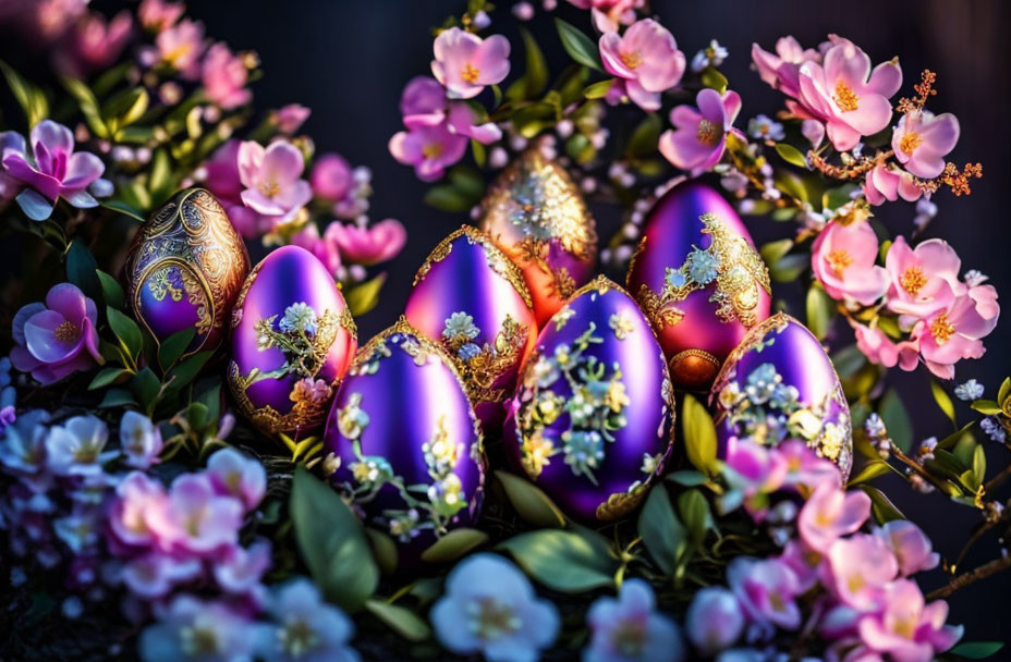 Intricately designed Easter eggs with pink flowers in soft focus