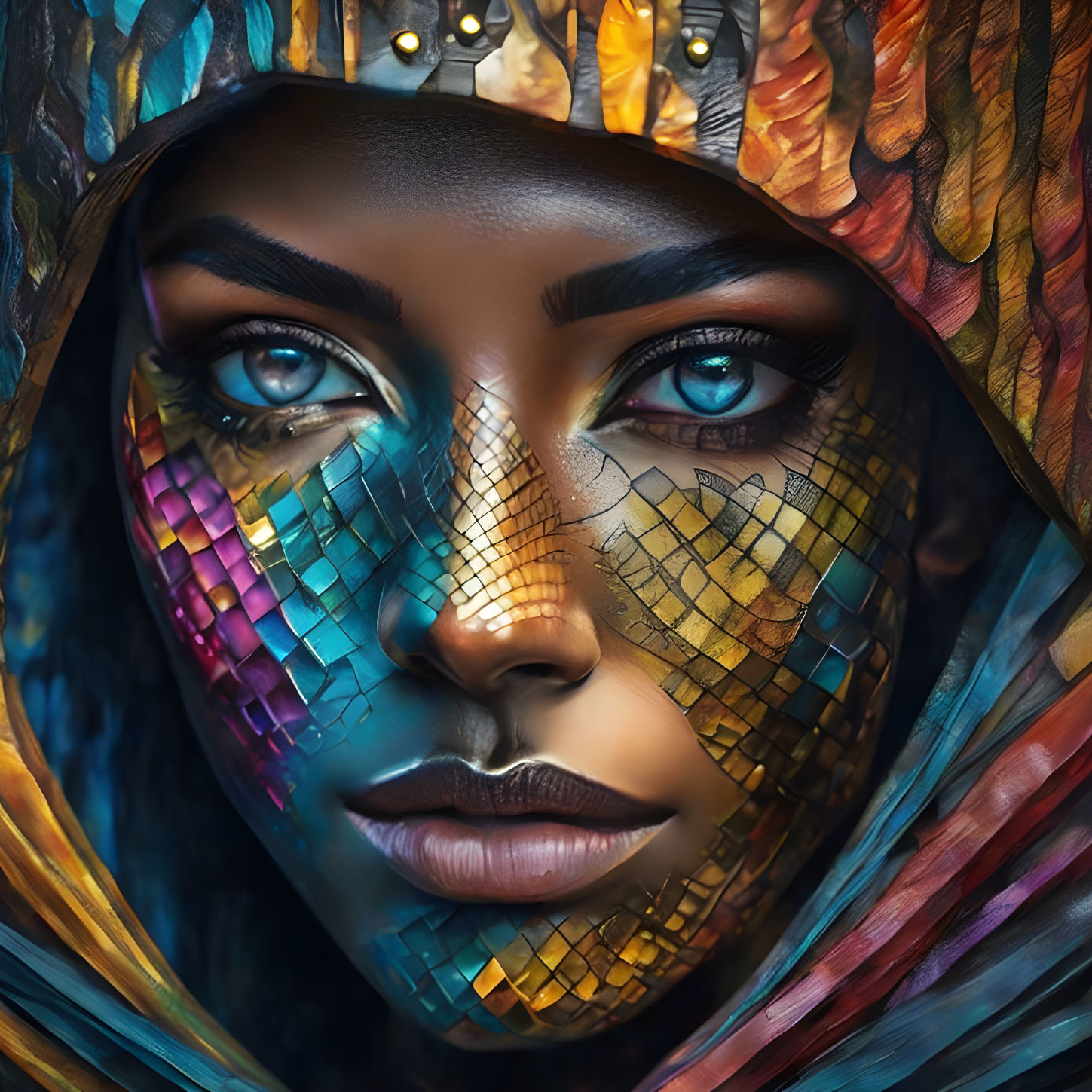 Colorful Scarf and Striking Blue Eyes in Detailed Digital Portrait