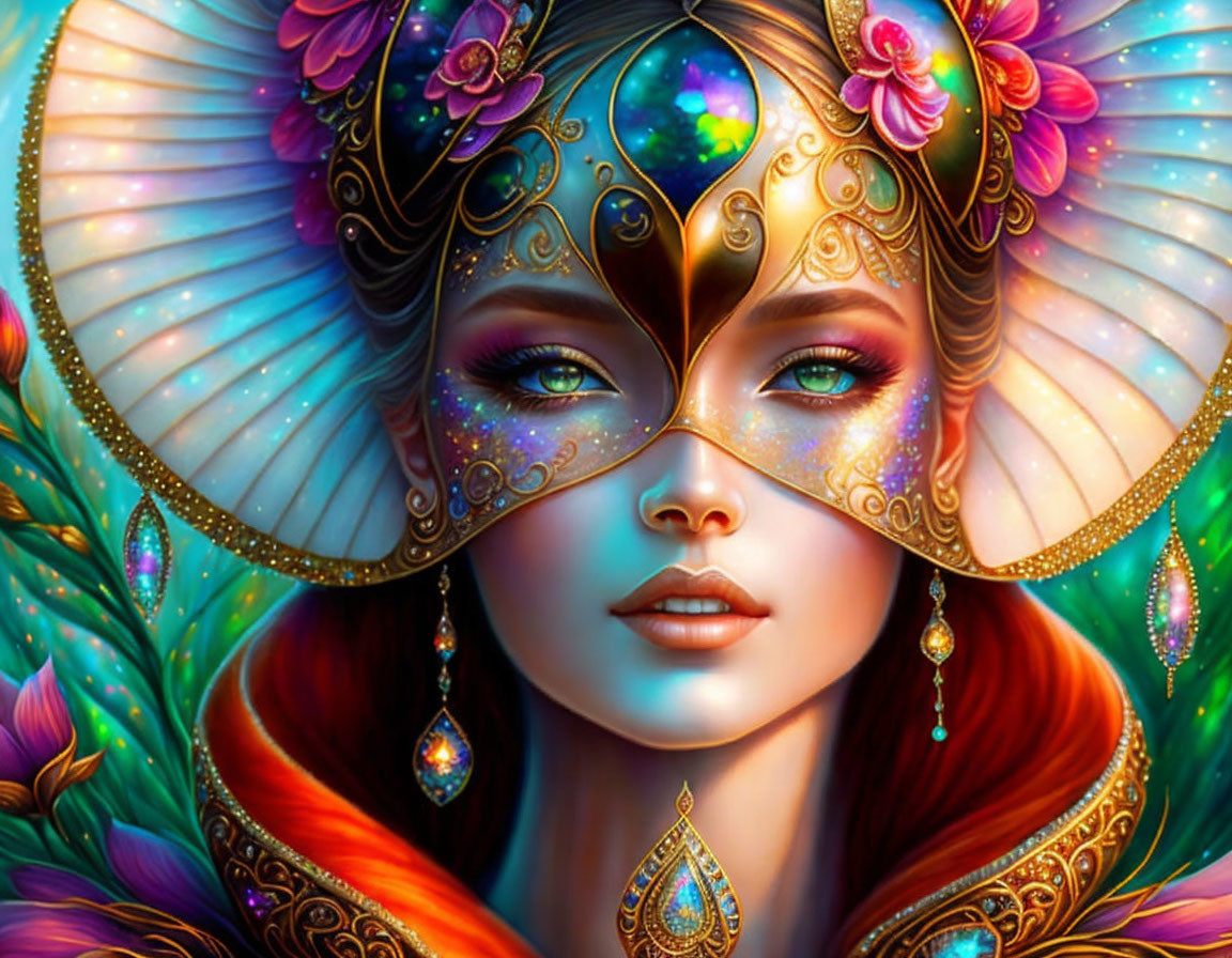 Colorful woman illustration with gem-adorned mask and intricate patterns