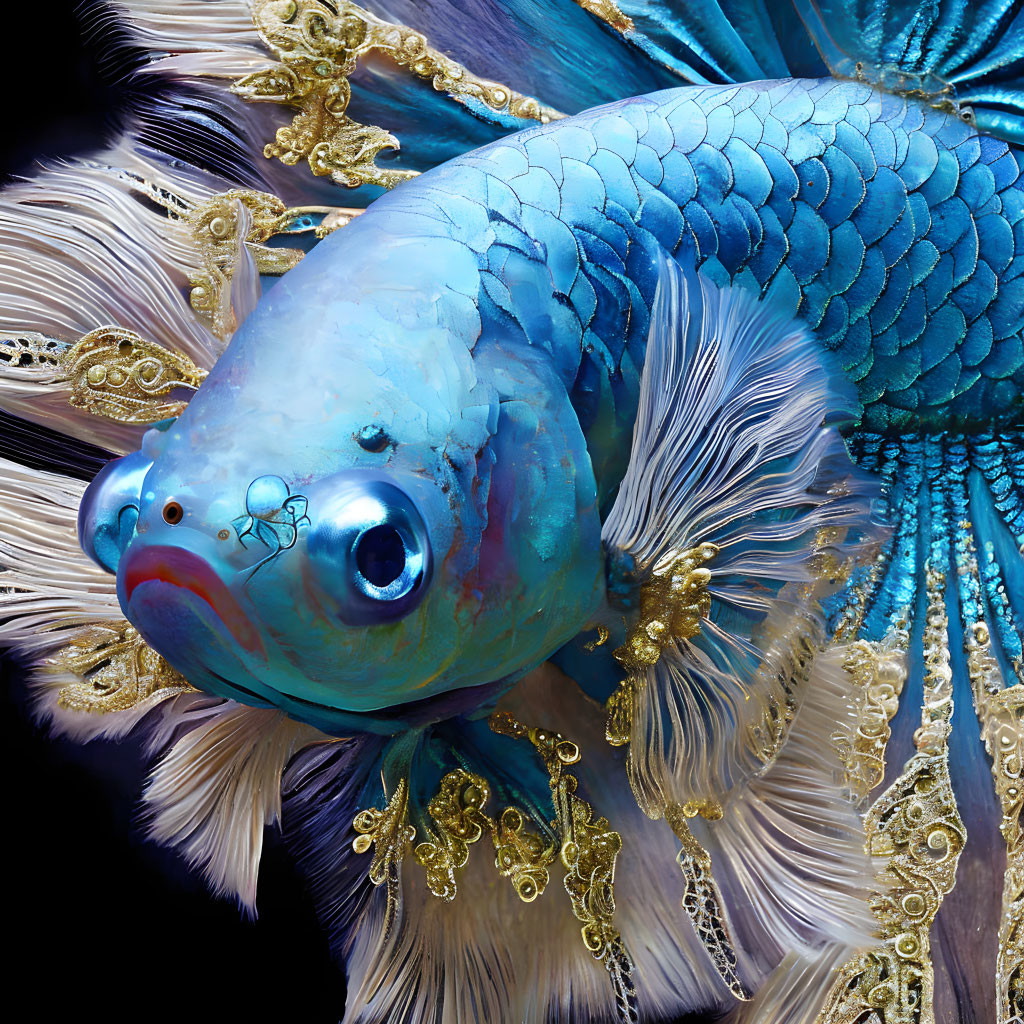 Colorful digital artwork: Blue fish with feather-like fins and golden accents