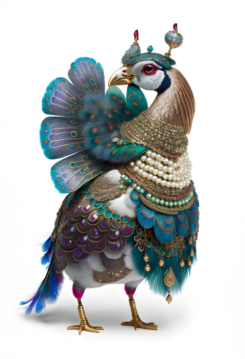 Ornate peacock with royal headdress and jewelry poses proudly