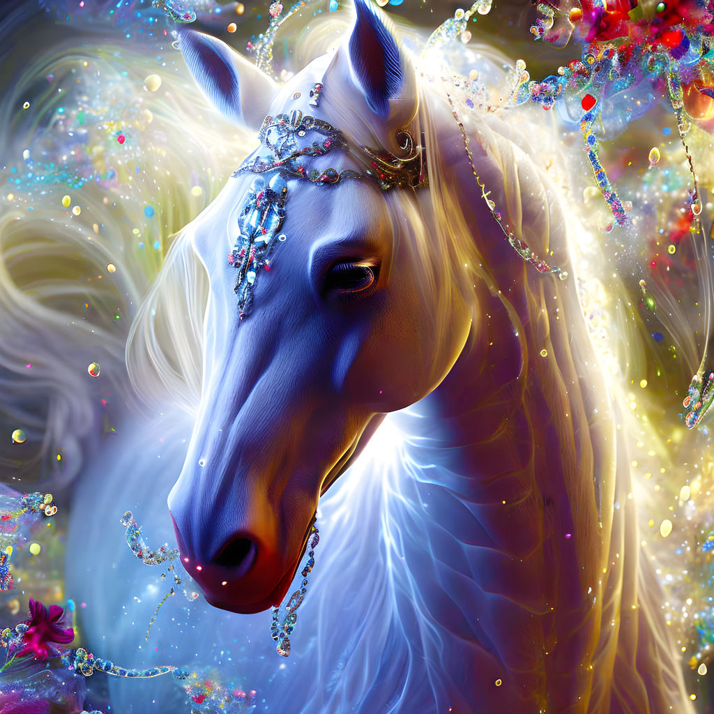 Mystical white horse with jewels and colorful glitters