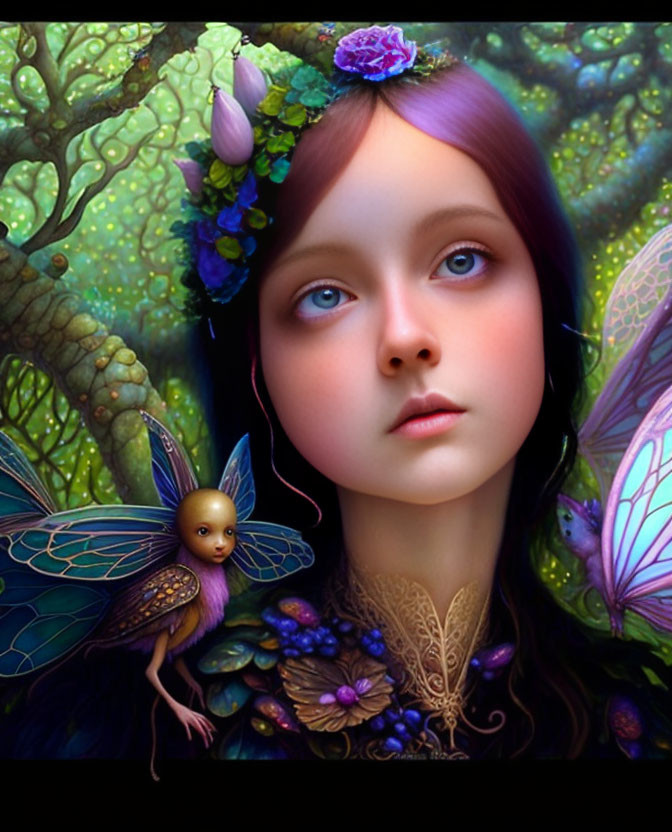 Fantasy illustration: Girl with violet eyes and fairy in lush, green environment