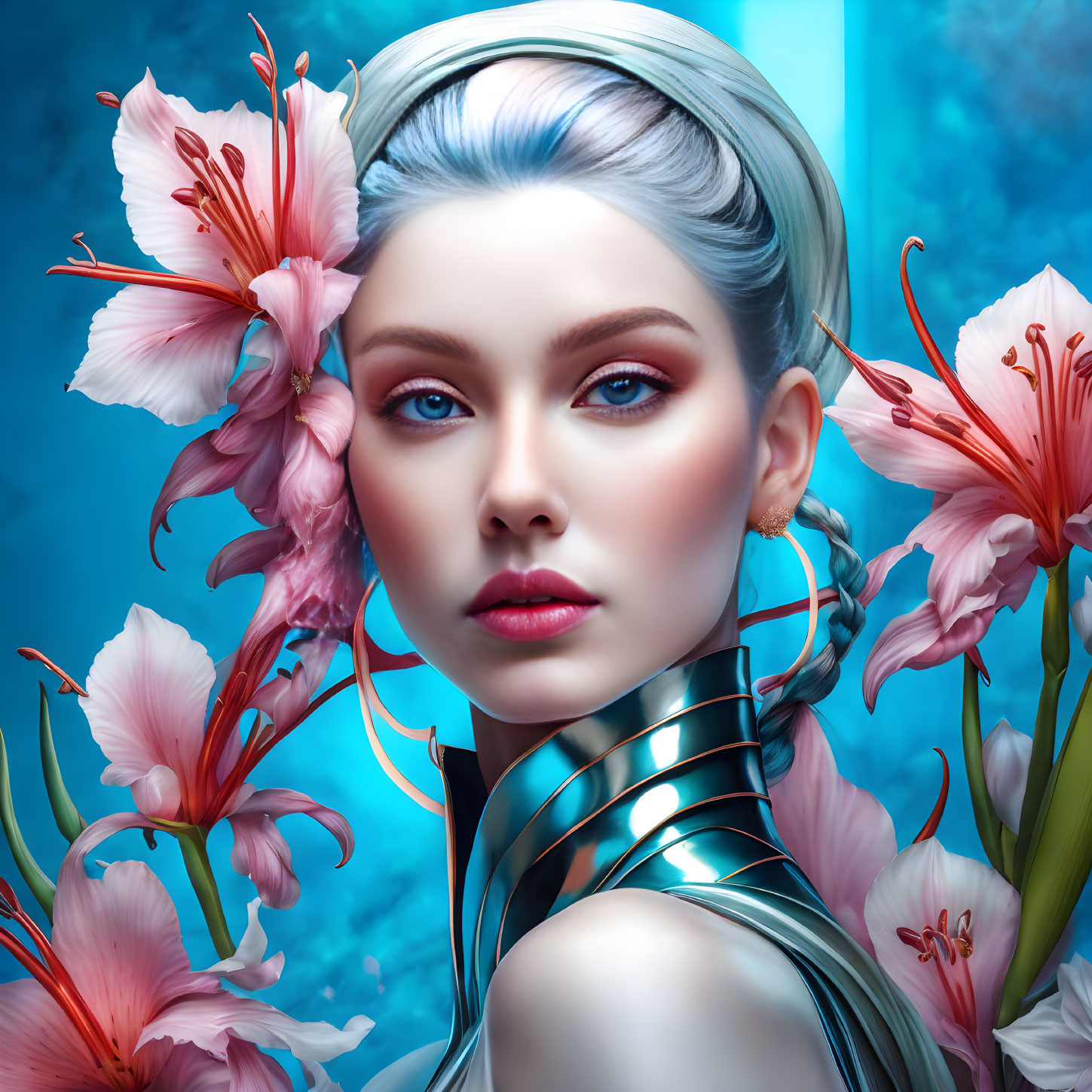 Digital Artwork: Woman with Blue Eyes, Silver Hair, Pink Lilies, and Futuristic Neck