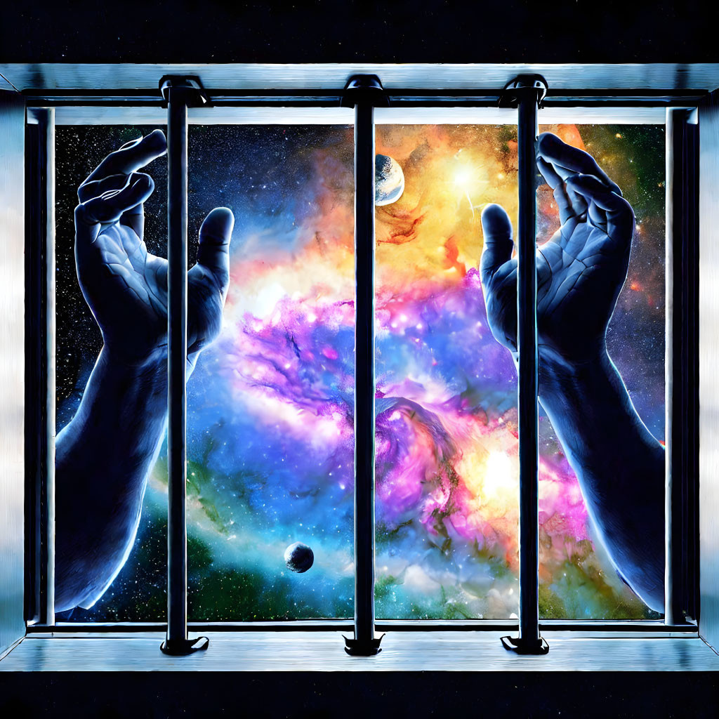 Vibrant cosmic scene framed by hands: nebula, stars, planets through a window