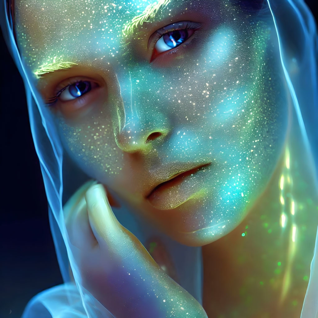 Person with Blue Luminescent Skin and Star-like Freckles in Close-up Portrait