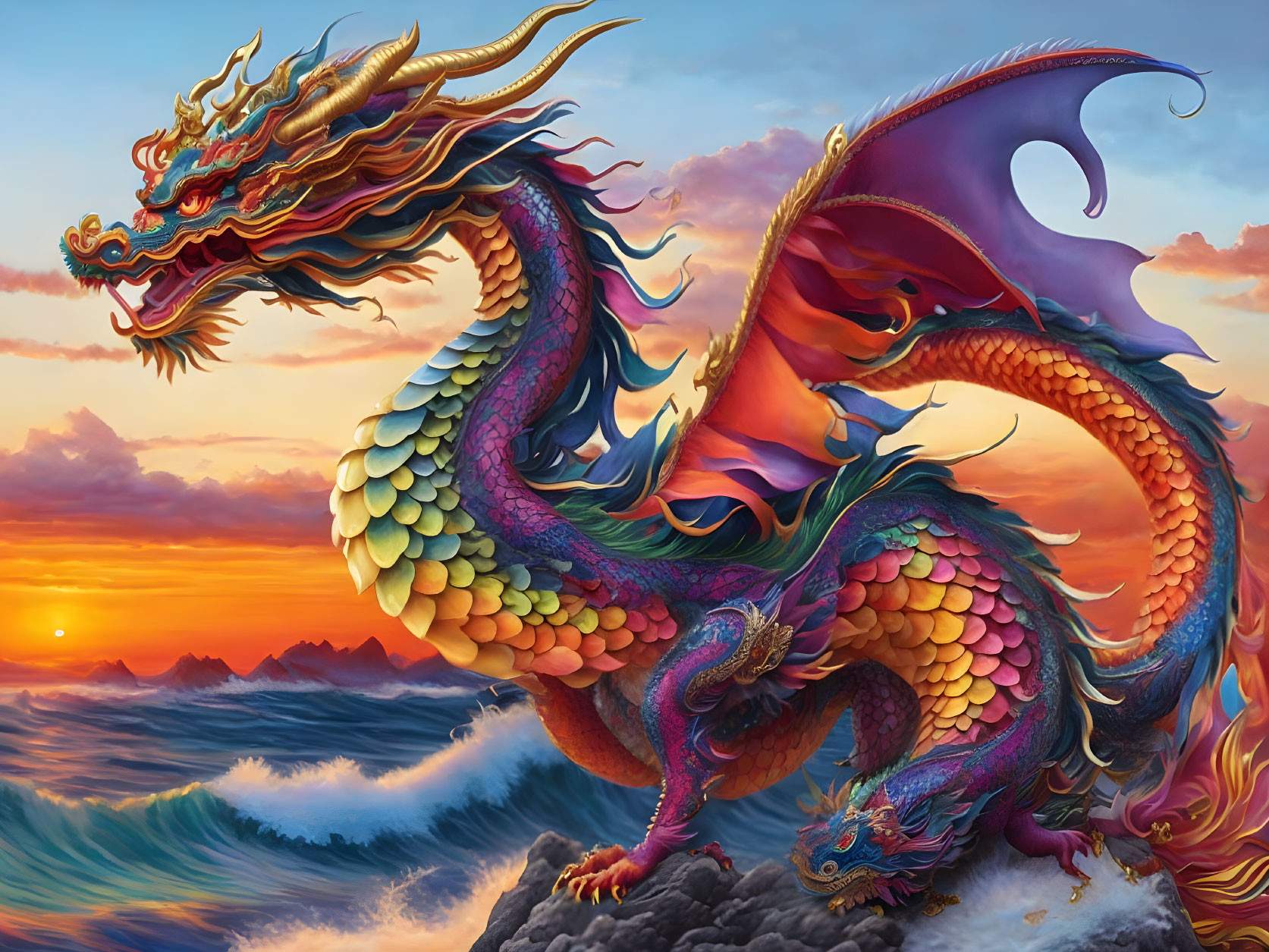 Colorful Dragon on Cliff at Sunset with Ocean Waves