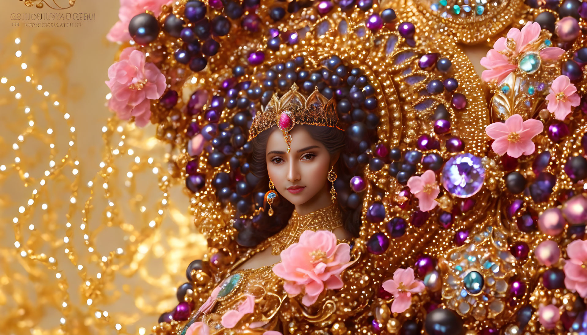 Intricate golden jewelry on woman with crown, pink flowers, and blue gemstones