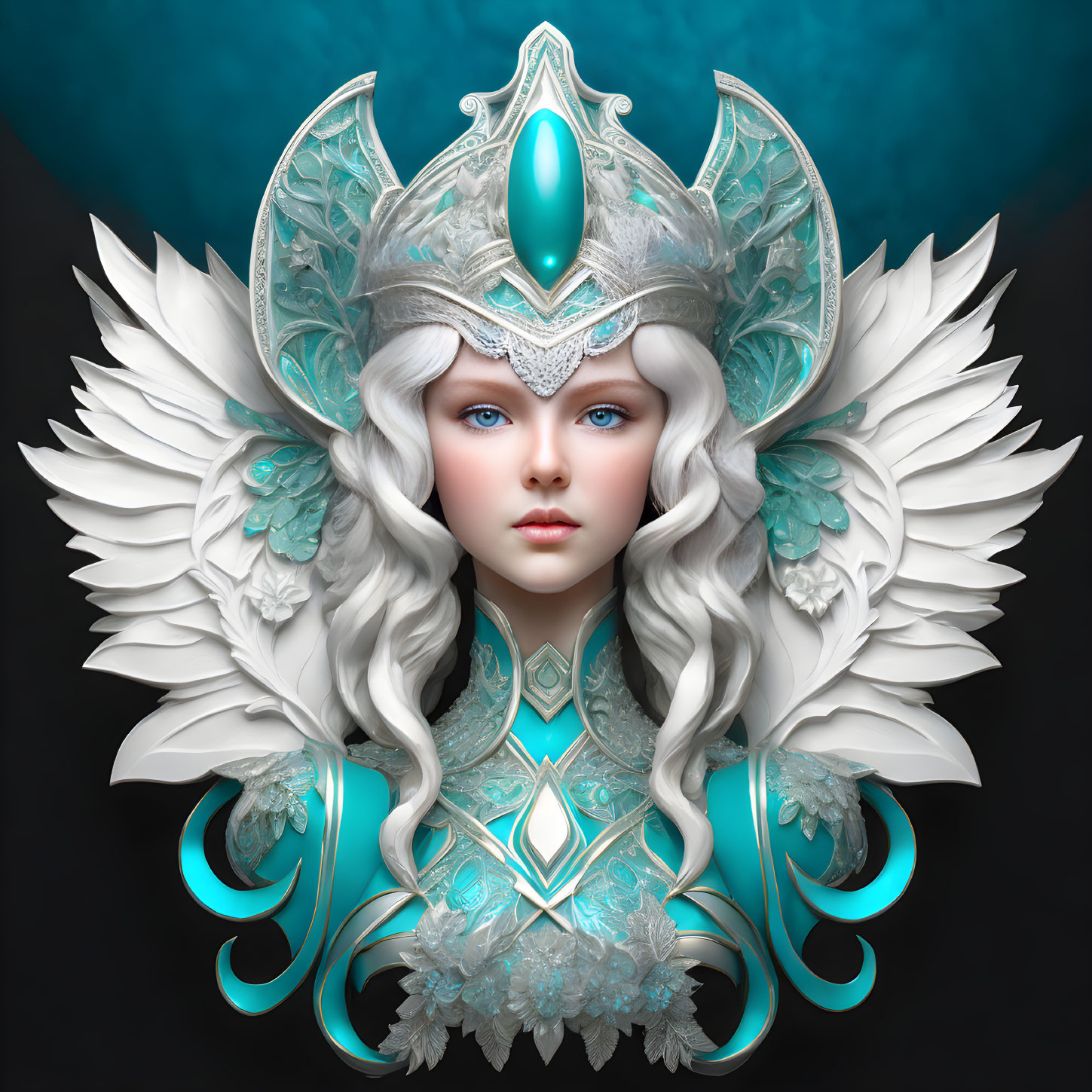 Blue-eyed woman in ornate white and teal wing-themed headdress.