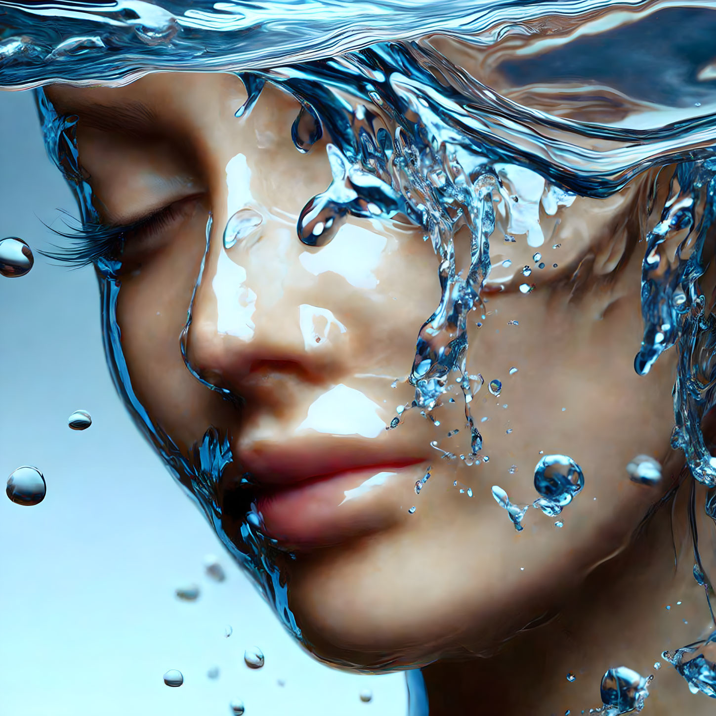 Close-up of face with flowing water creating smooth liquid mask