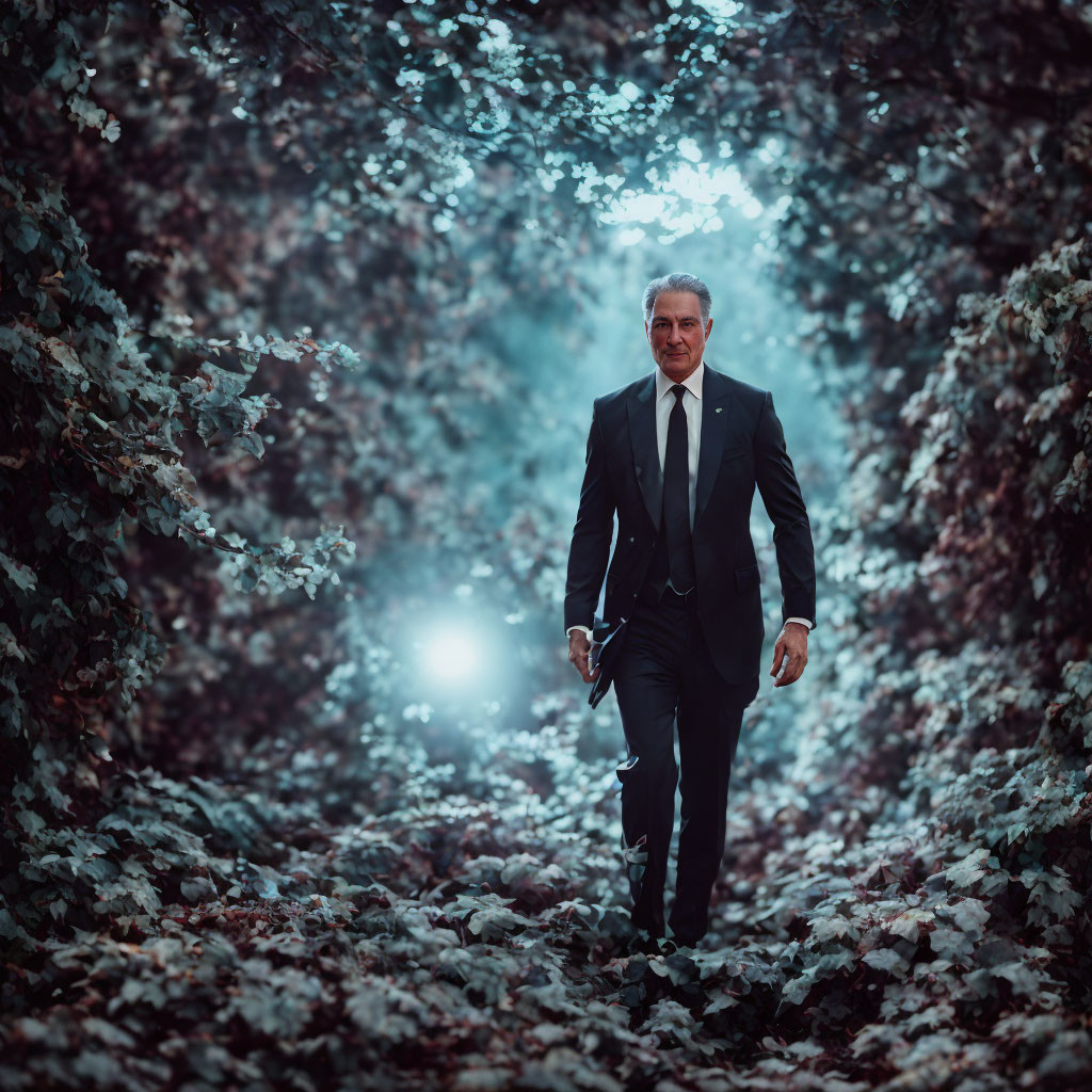 Person in suit walking on leaf-strewn path in mystical, blue forest