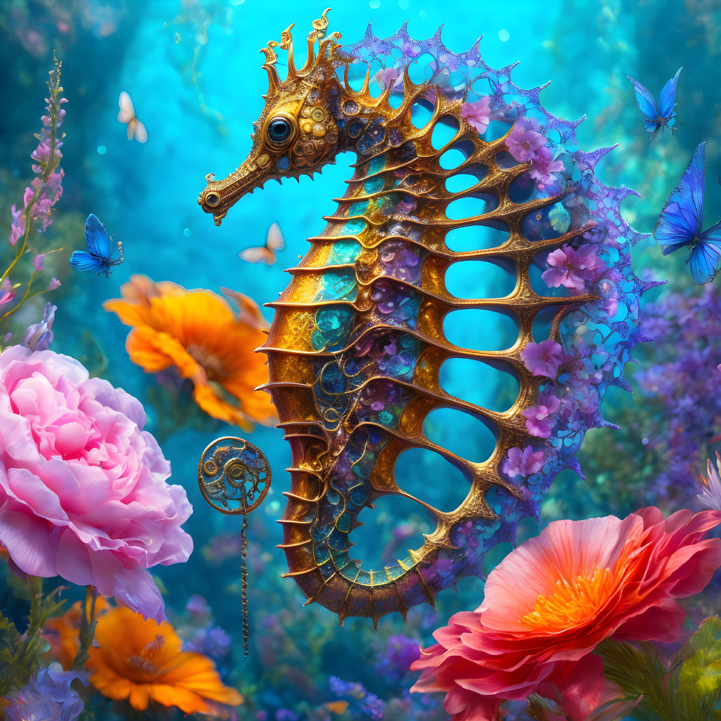 Steampunk-inspired seahorse surrounded by undersea flora and metallic elements