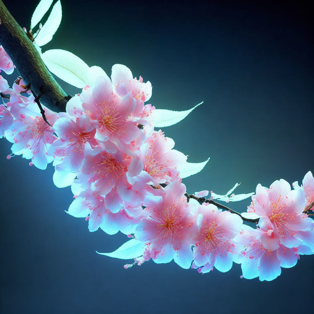 Pink Cherry Blossom Branch on Dark Blue Background