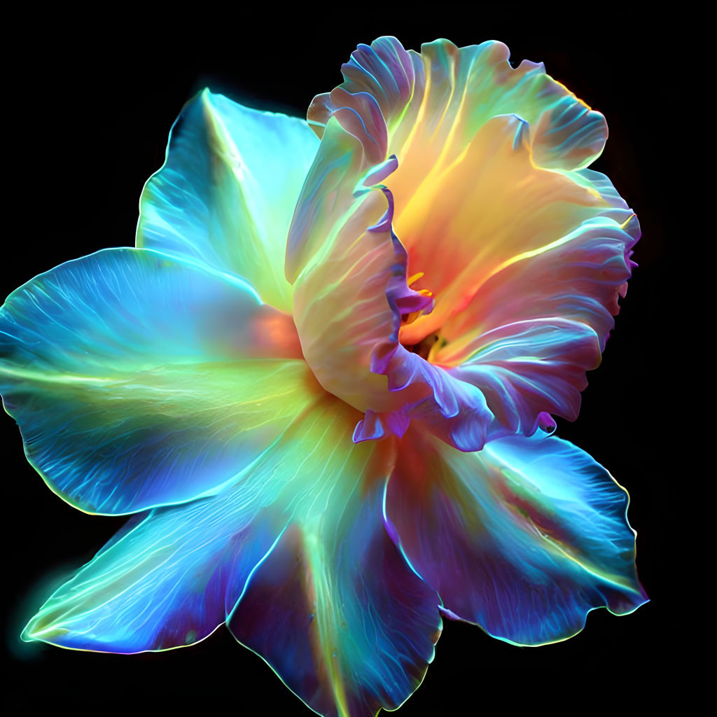 Iridescent digitally enhanced flower in blue, green, and yellow on black.