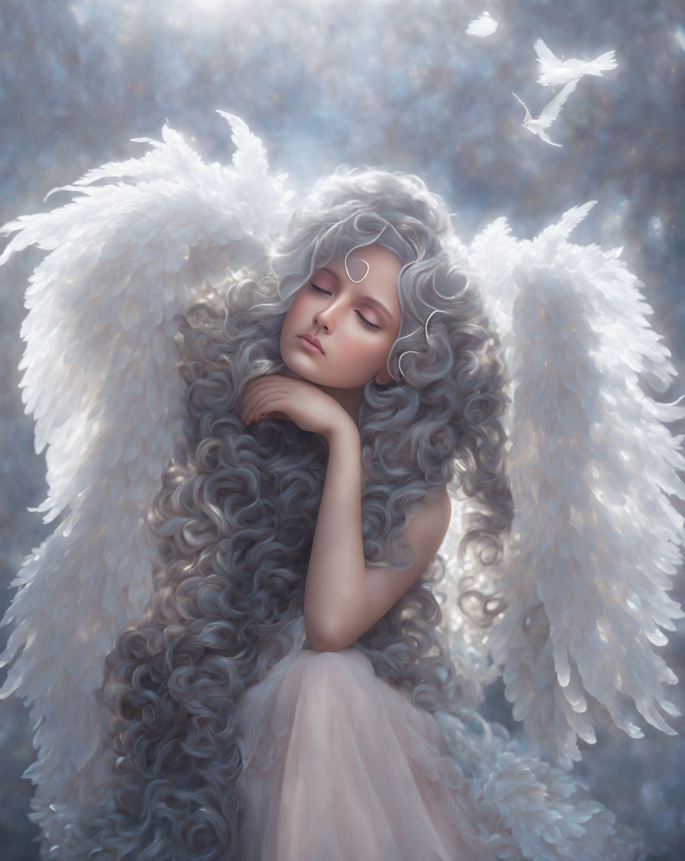 Ethereal figure with curly hair and wings in serene pose with soaring dove