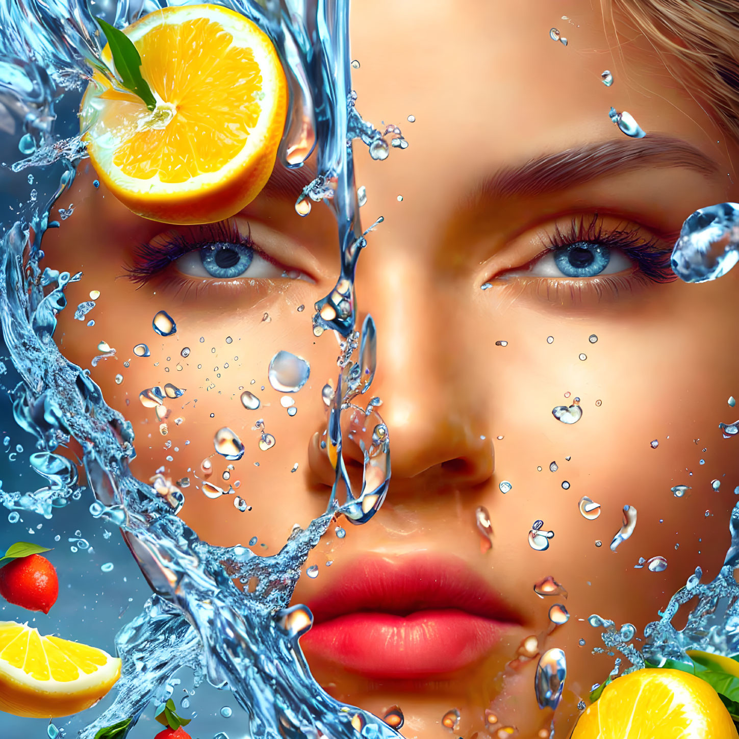 Close-up of person's face with splashing water and lemon slices.