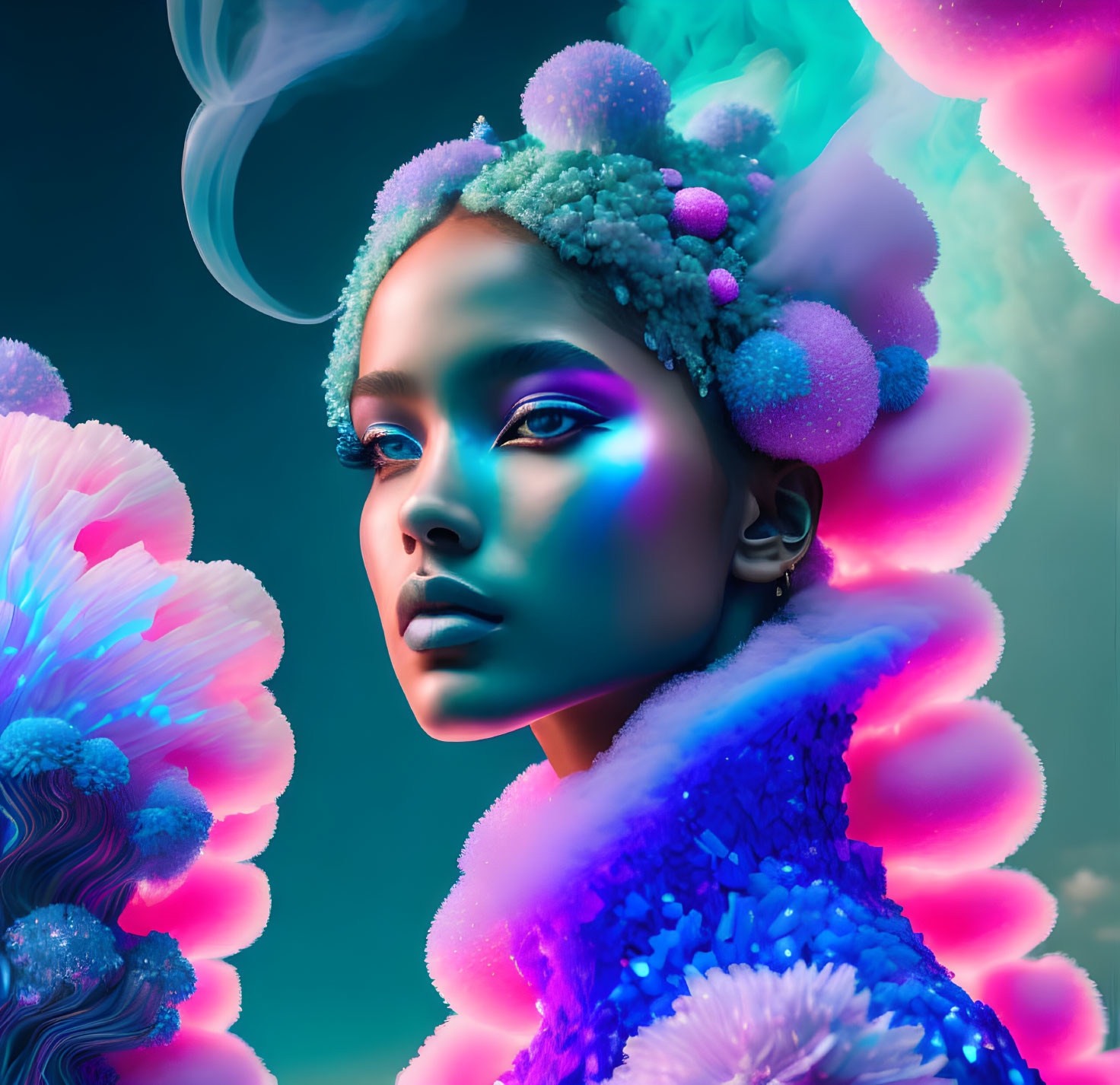 Colorful surreal portrait of female figure in vibrant blue and pink hues.