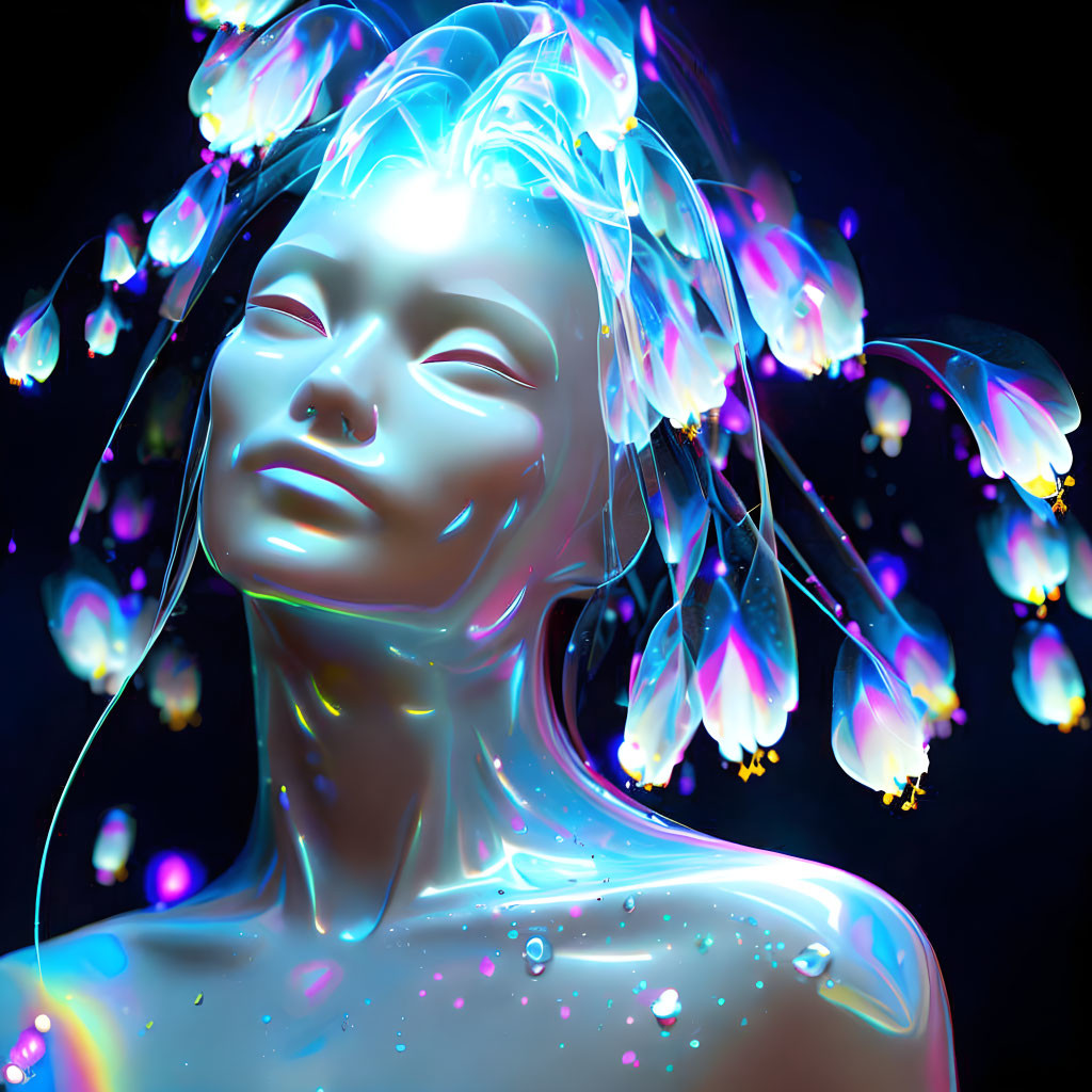 Digital artwork: Woman with glowing skin and hair, neon-colored lights on dark background