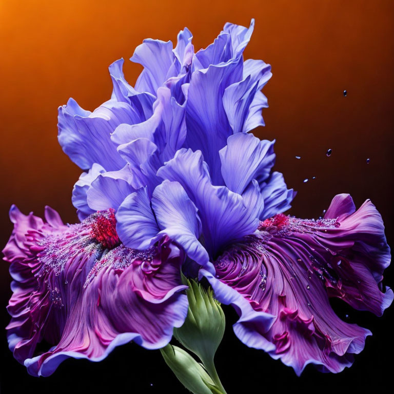 Vibrant Purple Iris Flowers on Orange Background with Water Droplets