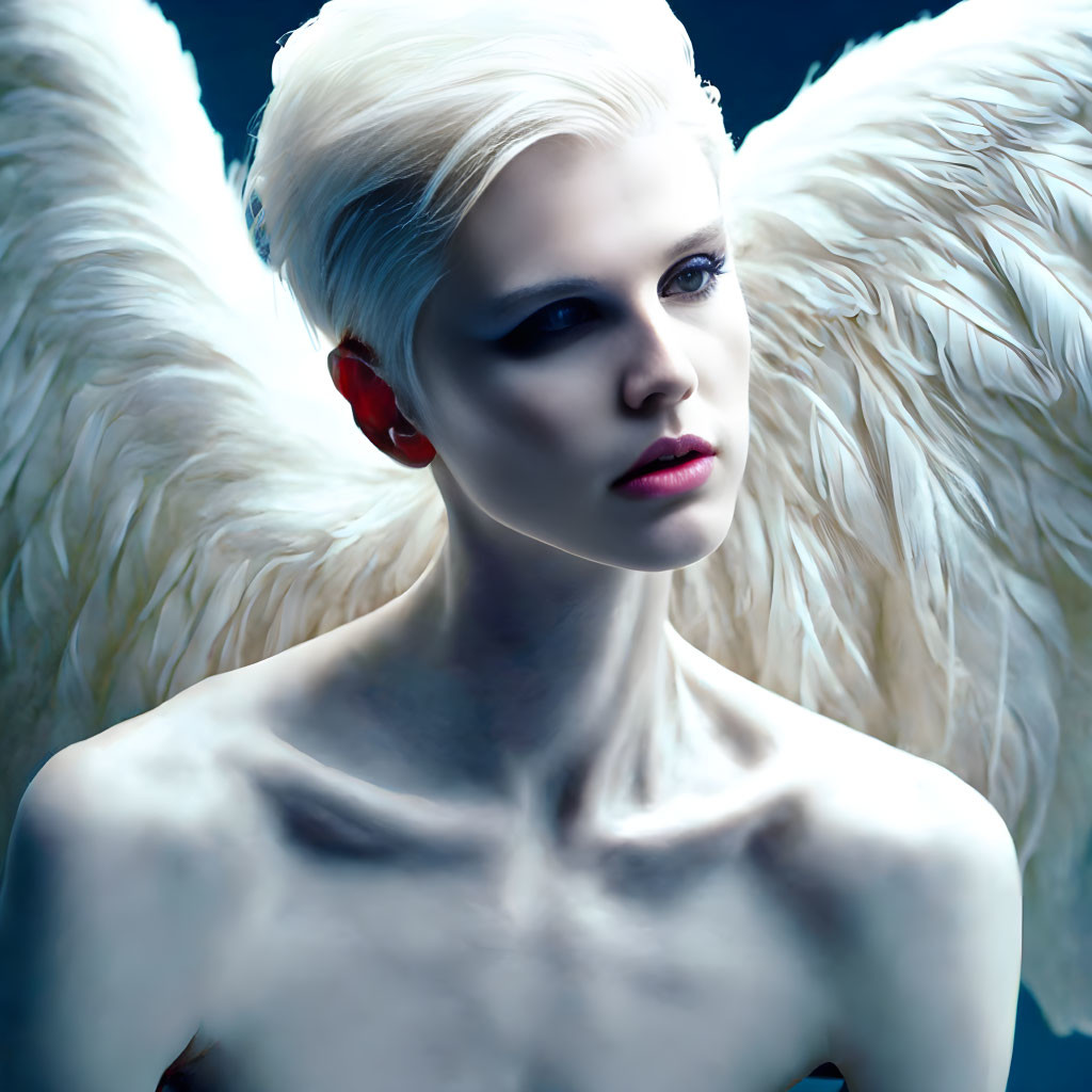 White-Haired Person with Angel Wings in Contemplation