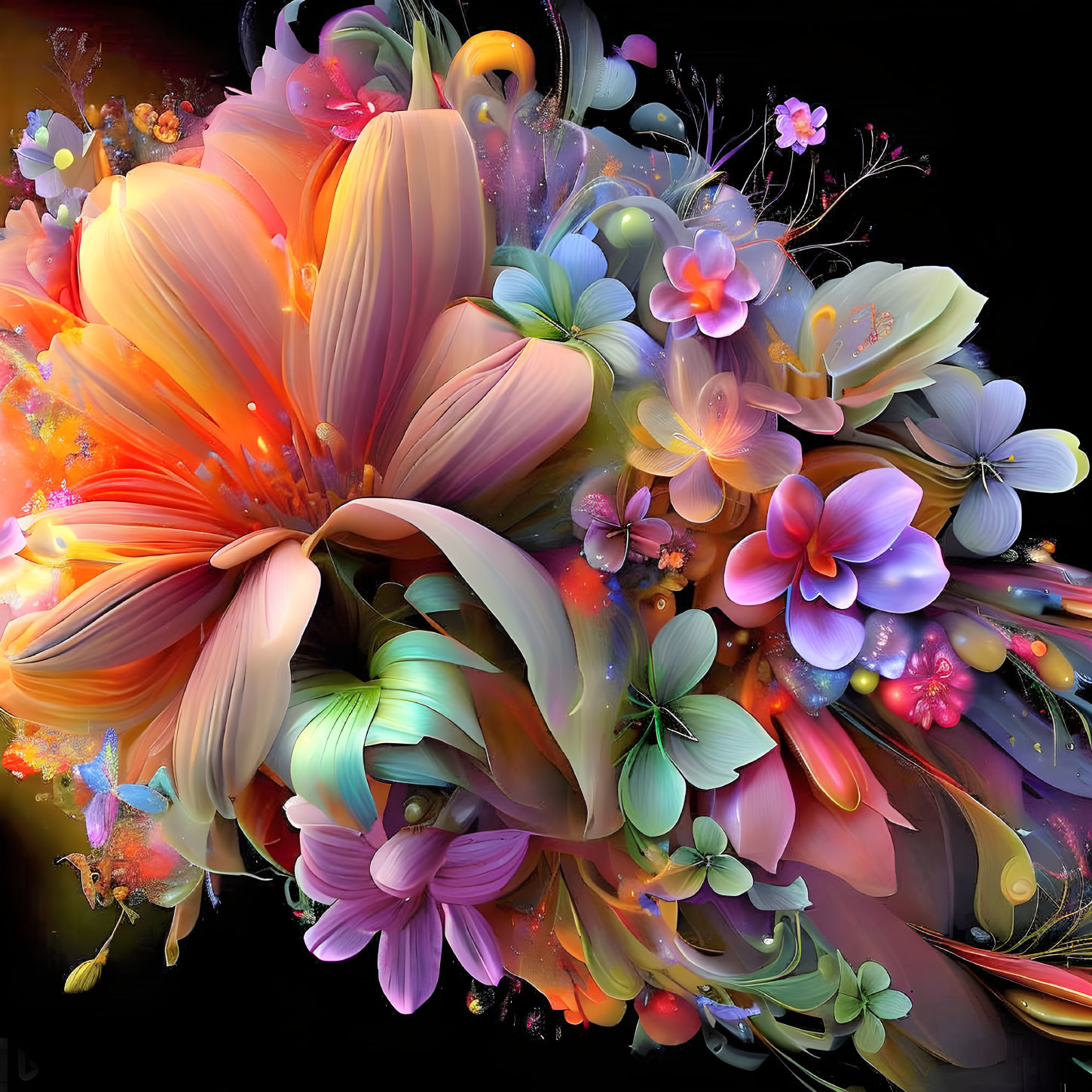 Colorful Abstract Flowers on Black Background