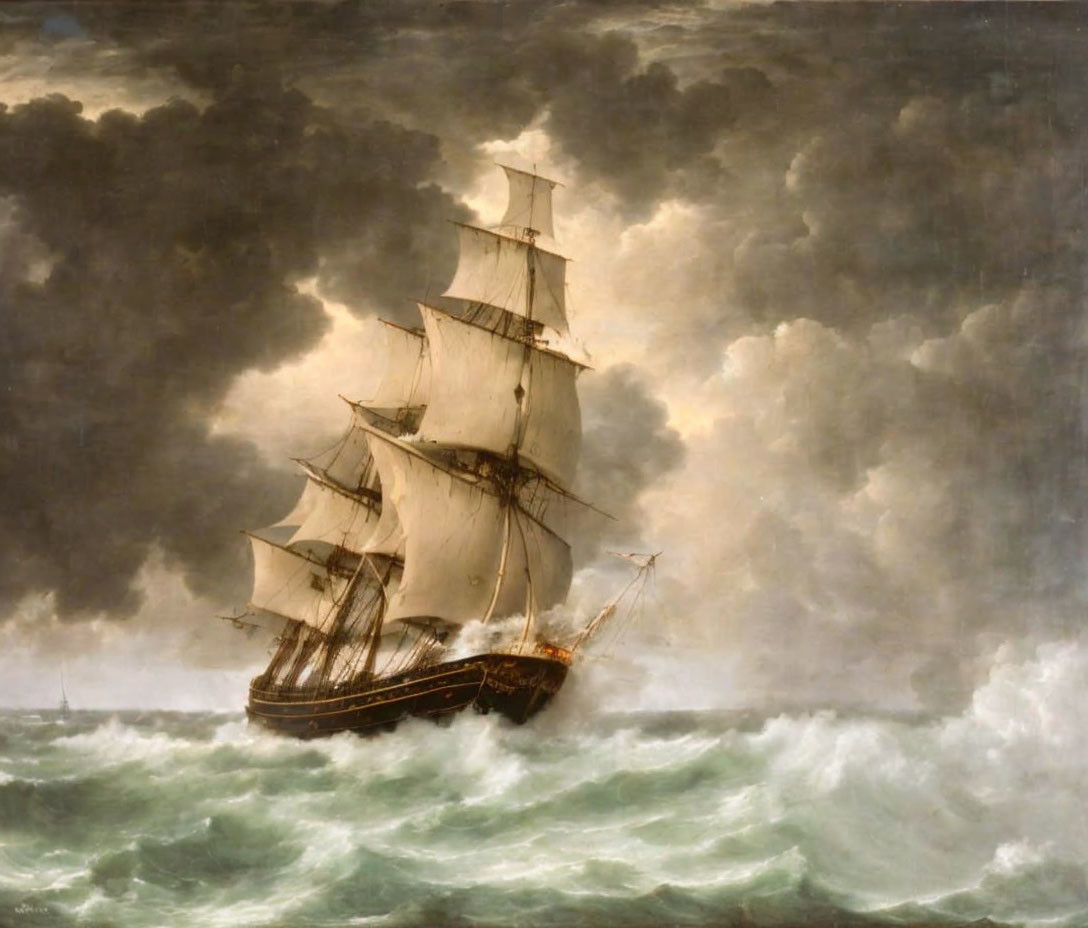 Sailing ship in turbulent seas under stormy sky