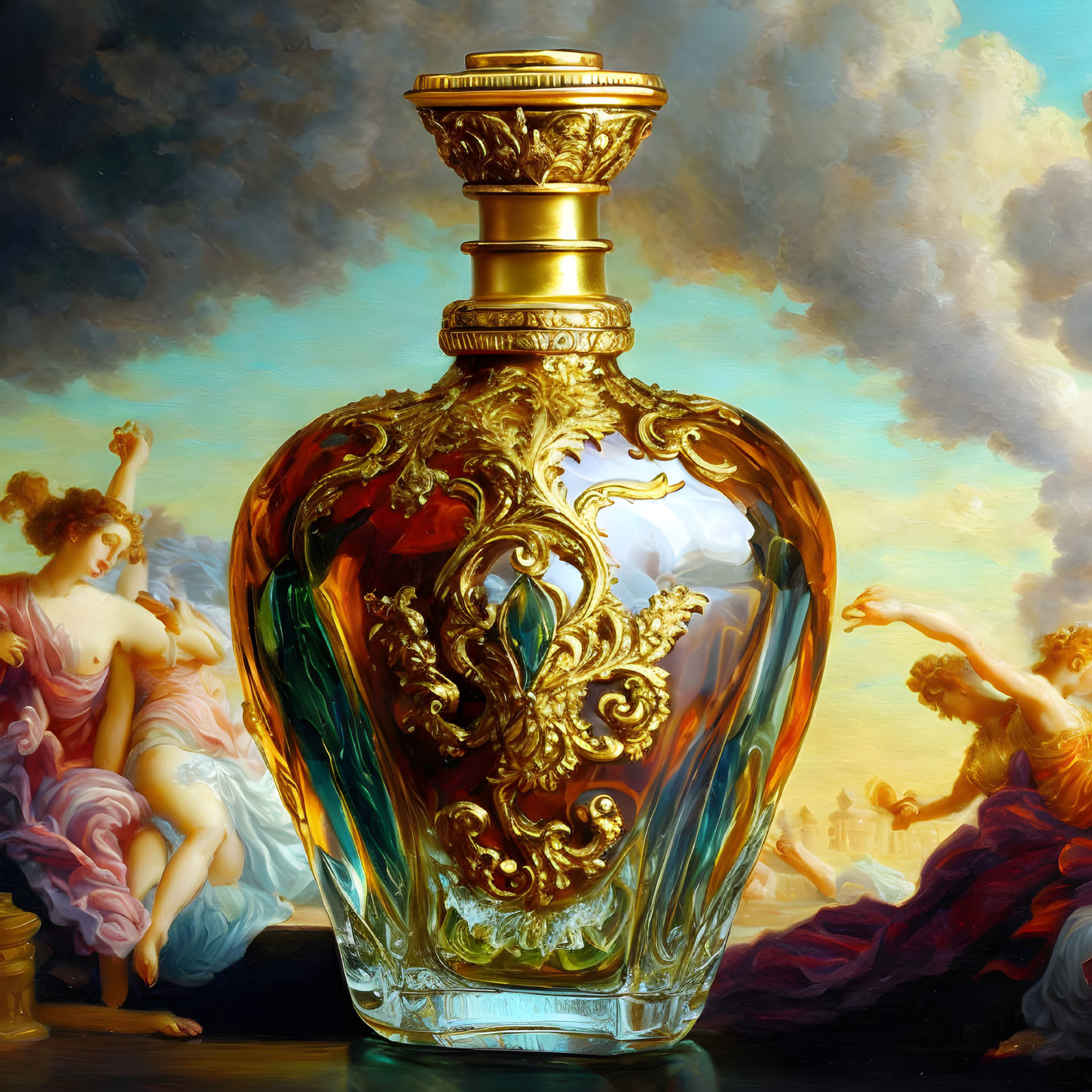 Gold-Detailed Ornate Perfume Bottle with Classical Painting Background