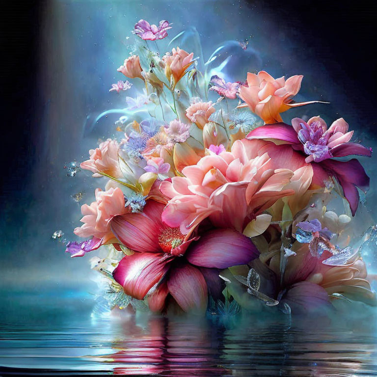 Colorful digital artwork: Floating luminous flowers above serene water