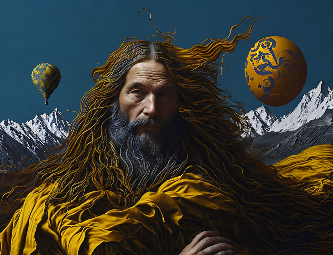 Bearded man with balloon in surreal mountain landscape