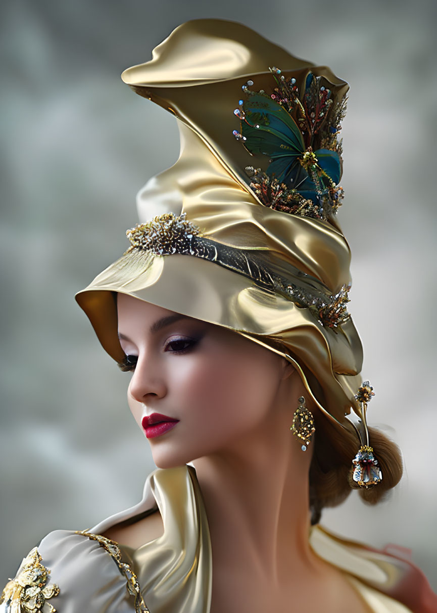 Elegant Woman in Gold Hat and Jewel-Embellished Attire