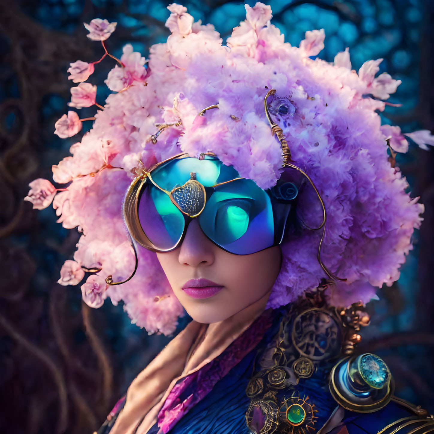 Futuristic person in purple headdress and blue goggles among pink blossoms