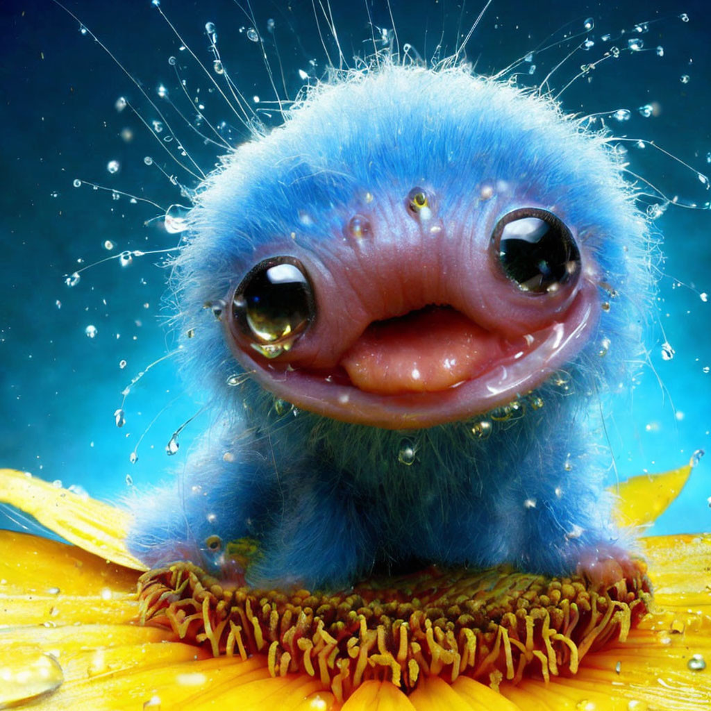 Blue creature with glossy eyes on yellow sunflower with water droplets