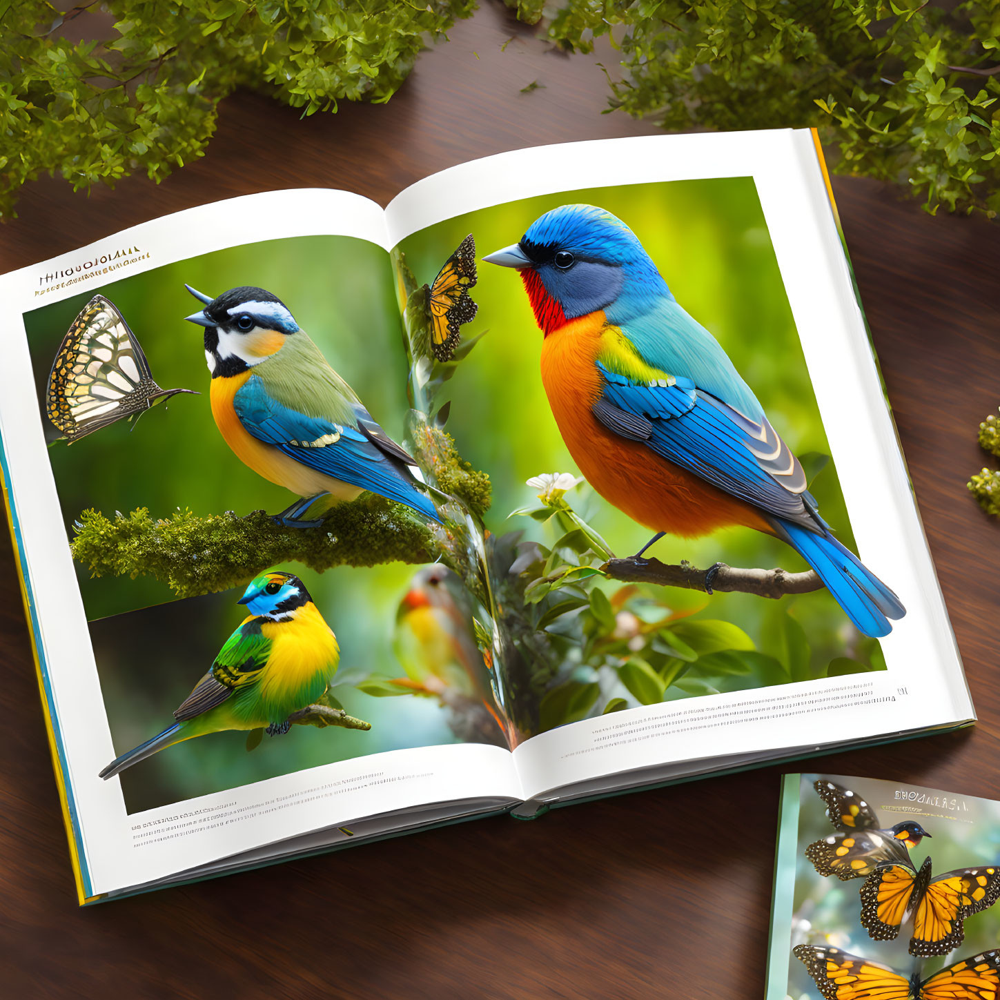 Colorful Birds and Butterflies in Open Book on Wooden Surface