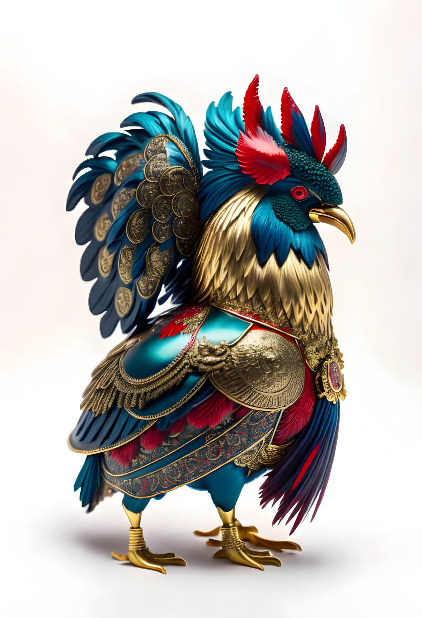 Stylized majestic rooster with blue and gold feathers and ornate armor