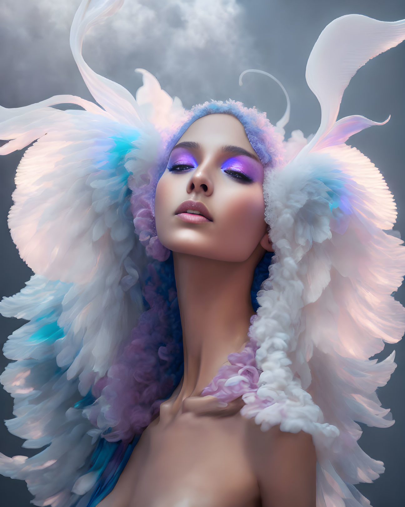 Person with White and Purple Wings Surrounded by Ethereal Smoke