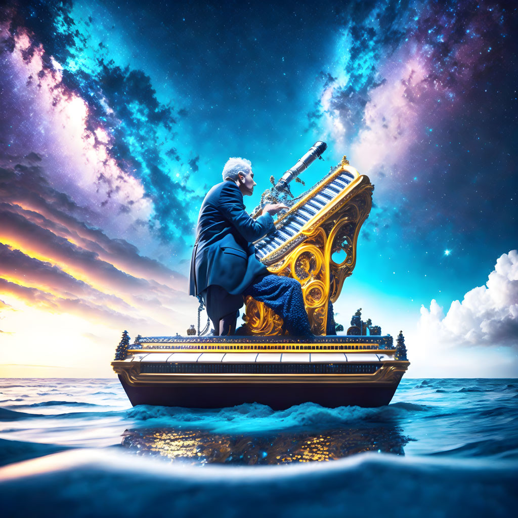 Silver-haired person playing grand piano on ocean waves under vibrant sky.