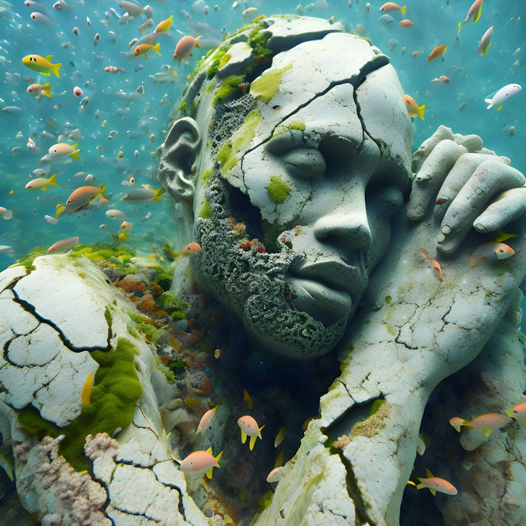 Underwater human face sculpture with algae and fish - serene atmosphere