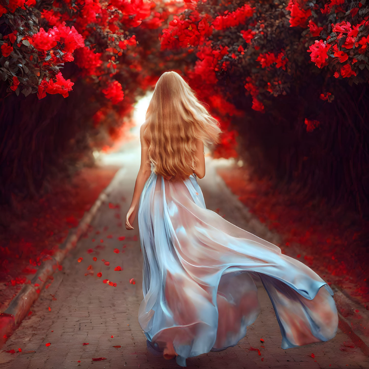 Blonde woman in blue dress walking on red-flowered path