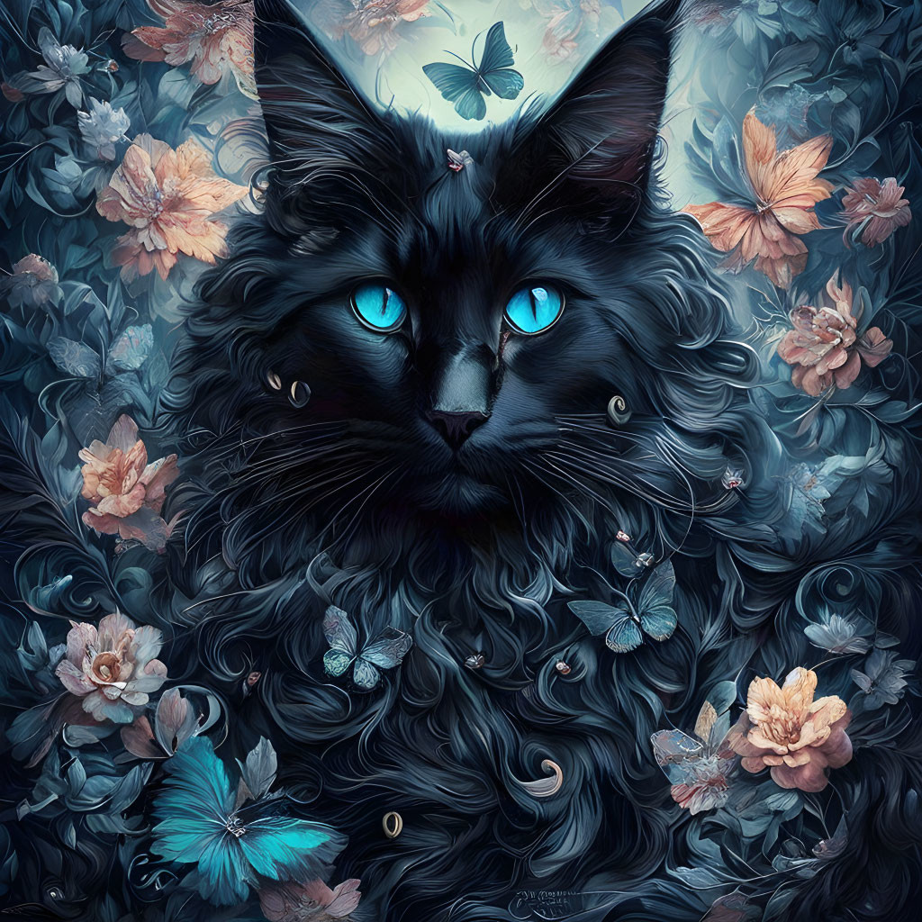 Intricate floral pattern with black cat and blue eyes